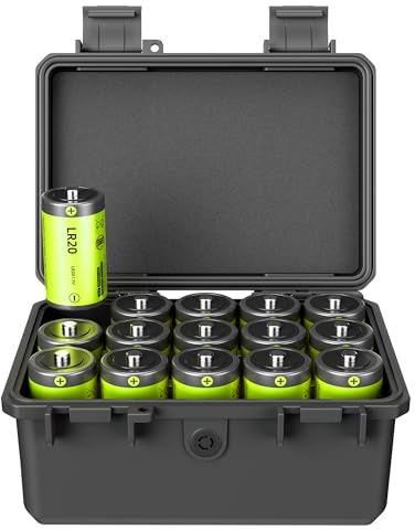 KIWIFOTOS 15 Slots Type D Battery Organizer Storage Case Heavy Duty IP67 Waterproof LR20/D/AM1 Cell Alkaline Batteries Holder for Household Outdoor Camping Toys Radio Garden (Battery Not Included)