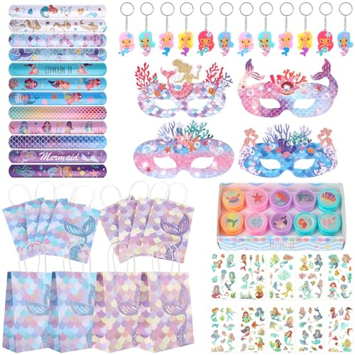 Vyuwast 68 Stück Meerjungfrau Party Kindergeburtstag Geschenke Set Meerjungfrau Mädchen Geburtstag Deko Mermaid Mitgebsel Geschenktüten Augenmaske Schlüsselanhänger Armbänder Tattoo-Aufkleber