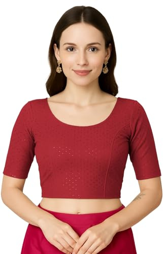Jaanvi mode dam rund hals bomull dobby lycra armbåge ärm färdig sari blus, Rödbrun, L