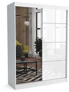 Brent - Kleiderschrank mit Spiegel Suzan, 160cm Breit, Schlafzimmerschrank mit 1 Kleiderstange und Einlegeböden für Kleidung, Kleiderschrank Weiß Matt/Weiß Hochglanz