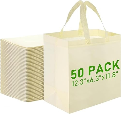 TESIN 50 Pack Reusable Tote Bags, Non Woven Plain Shopping Bags | Grocery Gift Bag with Handles for Gifts, Parties, Retail and Decorating, 32 x 16 x 30cm