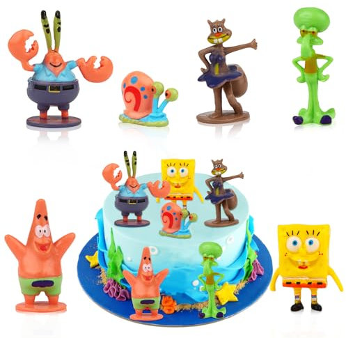 Sponge-bob Geburtstag Deko, 6 Stück Mini Figuren, S-pongebob Tortendeko Spielzeug, Tortenaufleger Figur Model, Cartoon Cupcake Topper für Kinder