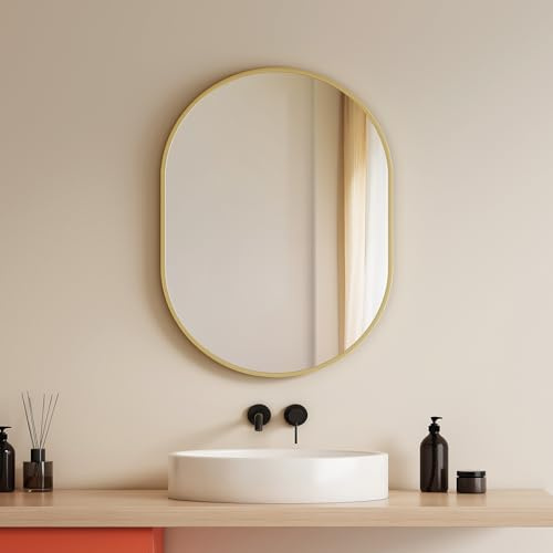 EMKE Badspiegel Oval Goldener 45 x 60 cm, HD Dekorativer Wandspiegel | Ovaler Wandspiegel, Goldener Rahmen, horizontal vertikal, Badezimmer Wohnzimmer Flur, explosionsgeschützt Sicherheit