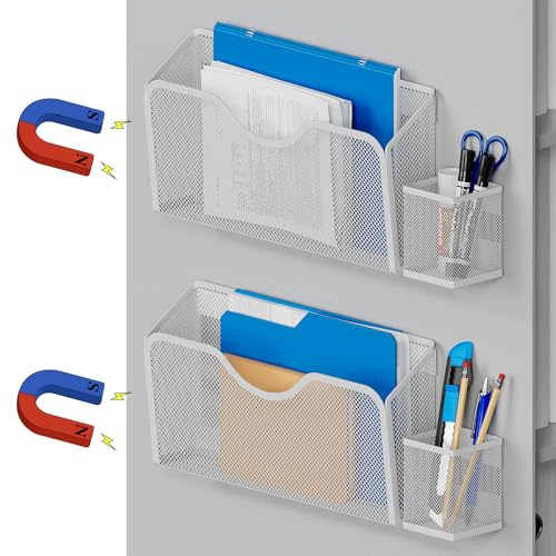 Magnetischer Aktenhalter, 2 Stück Hängender Dokumenten Organizer | Ohne Bohren montierbar mit Stifthaltern.Für Büro, Klassenzimmer und Schränke zur platzsparenden Dokumentenaufbewahrung.
