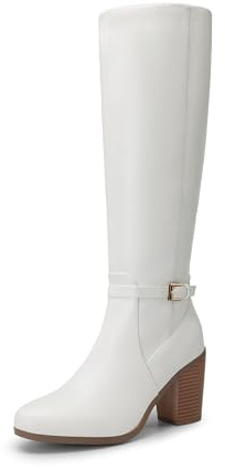 DREAM PAIRS Stivali da donna al ginocchio, comodi tacco a blocco grosso, punta a punta, cerniera laterale, stivali da equitazione in pelle scamosciata SDKB2403W, Poliuretano bianco., 39.5 EU