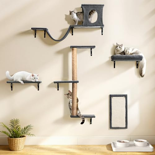 PawGiant 5-in-1 Katzen Kletterwand Set, Holz Wandelemente, Dunkelgrau | Stabiles Katzen Wand Set mit Kratzbaum, Kratzbrett, Katzenhöhle, Hängebrücke und Ruhe, aus Massivem Mehrschichtholz, bis 18kg