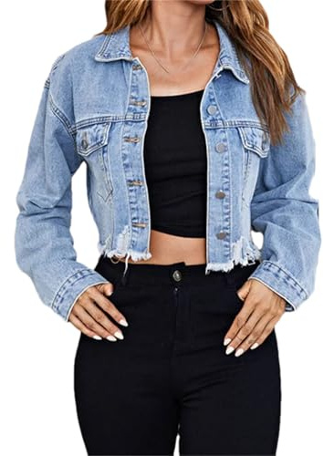 Chaqueta de mezclilla para mujer, con dobladillo de borlas, con agujeros rotos, estilo vintage, con doble bolsillo, botonadura sencilla, azul, XS