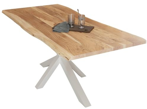 Liadomo Esstisch 200x100 Diala Natur, Spider-Gestell weiß | Baumkante, Akazie Massivholz Tisch, 35 mm Tischplatte lackiert, Metallgestell, Robust & Pflegeleicht, bis zu 8 Personen