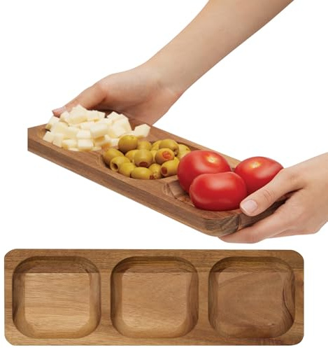 noTrash2003 Juego doble de cuencos para aperitivos de madera de acacia engrasada, con 3 compartimentos para nueces, aperitivos, aceitunas, dulces, especias, decoración de mesa, 2 unidades
