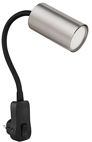 Steckerleuchte GU10 Steckdosenlampe mit Schalter Küche Steckdosenleuchte schwarz mit schwenkbarem Spot, nickel, Schwanenhals, GU10 Fassung, LxBxH 32x5,5x43 cm