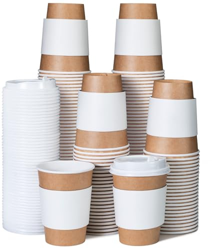 Disposable Coffee Cups with Lids and Sleeves, 100 Pack, 12oz (355 ml), Kraft Brown Paper Cups for Hot or Cold Drinks – Ideal for Office, Parties, Travel & Takeaway Use