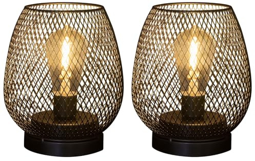 pearlstar 2 Pack Metal Battery Operated Table Lamp Metal Cage Shape Cordless Lanterns with LED Edsion Bulb for Patio Garden Wedding Parties Indoor Outdoor Living Room (Black)
