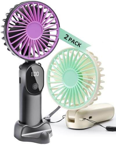 STRHAGO 2 Pcs Portable Handheld Fans, Mini USB Rechargeable Fans with Neck Strap & Detachable Desk Base, 90° Foldable, 6 Speeds, Hand Held Fans for Outdoor, Home, Office, Travel, Camping&Commute