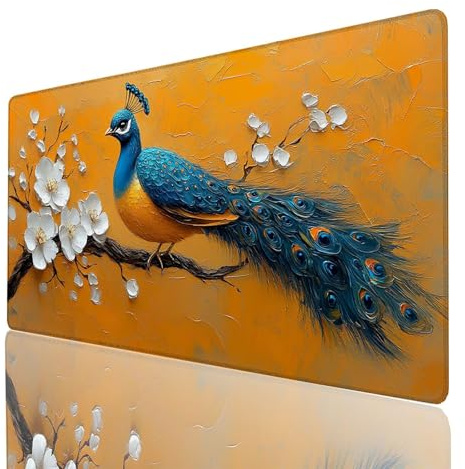 Tapis de Souris xxl 60x30x0.3cm, Grand Tapis Bureau Jaune, Bords Cousus Antidérapant et Imperméable, Paon Mouse Pad Compatible Clavier Sans fil et Souris Sans Fil pour Bureau Gaming Accessoire 2745GYL