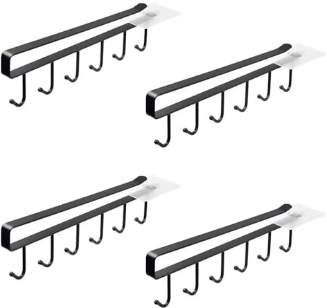 Cup Holder Under Cabinet, 4CS Kitchen Coffee Tea Cup Mug Holders with 6 Hook, Mug Hooks Under Shelf with Adhesive Screws for Restaurant Coffee Shop Bar