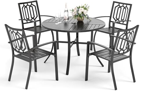 PHI VILLA Garten Esstisch mit 4 Stühlen, Outdoor Balkon Esstisch mit Stapelbaren Metallstühlen und 1 Rund Gartentisch, E-Beschichtung, 5-teiliges Gartenmöbel Set