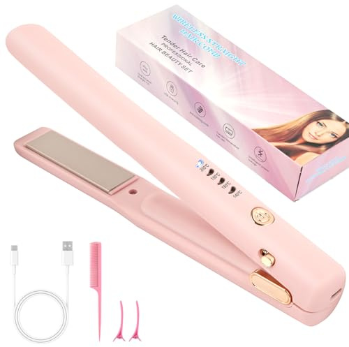 Alaoo Lisseur Cheveux Sans Fil, Petit Lisseur Portable, Cheveux 4 Température, Température Réglable 140°C-200°C, Lisseur pour Femme Vacances, Voyages, Camping Styling, Rose