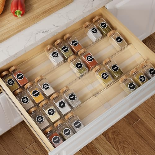 Brippo 8-Pack Spice Drawer Organizer, Expandable Acrylic Seasoning Rack (13 to 26) with Anti-Slip Mat, Kitchen Spice Rack Drawer Holds up to 56 Jars (Jars Not Included)