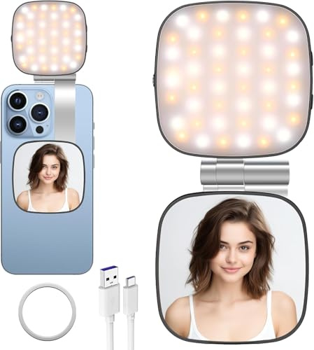 Wenbones Faltbare LED CRI95 Handy Füllring Beleuchtung mit Ständer/Spiegel für Zoom Make up Fotografie Aufnahme,Magnetisches Selfie-Licht für iPhone, für MagSafe, für Selfies, Videokonferenzen