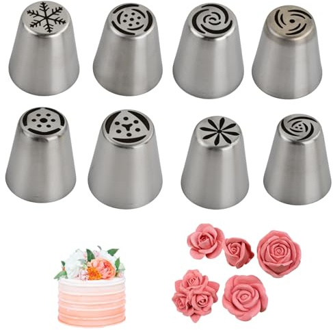 Ziyonix 8 Stück Russische SpritZTüllen Set Profi Groß Edelstahl Spritztüllen Blumen Set Spritztüllenset Russisch Blumen Garniertülle Tüllen Kuchen BlUMe Spritztüllen für DIY Cupcakes Dessert