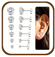 6 Paires Boucles d'Oreilles Dos Plat pour Femmes Hommes Acier Inoxydable Zircone Cubique Clous d'Oreilles Hypoallergénique Cartilage Helix Piercing Oreille Argent/Or