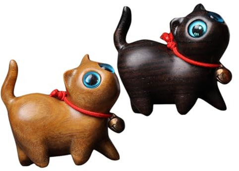 TOYANDONA Holzkatzenfiguren Leichte und Tragbare aus Sandelholz 2 Stück Miniatur Katzenornamente mit Elegantem Design für Bücherregal und Heimdekoration