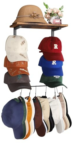 VINCOURNA Wall-Mounted Hat Rack, Multi-Tier Hat Hanger with Shelf Holds 60+ Hats, Sturdy Metal & Wood Cap Storage Holder for Bedroom, Entryway, Closet - Space-Saving Storage for Baseball Caps, Visors