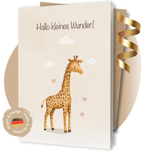 LINDFALL® Premium Glückwunschkarte Geburt Giraffe – Karte Mutterschutz Kollegin & Babykarte „Hallo kleines Wunder“, Boho Aquarell neutral/unisex, Klappkarte DIN A6 inkl. Kraft-Umschlag