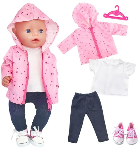 Puppenkleidung 35-45 cm, 5 Stück Rosa Puppen Outfits Kleidung | mit pinker Sternenjacke, T-Shirt, Hose, pinken Schuhen & Kleiderbügel, Kleidung Zubehör für Babypuppen