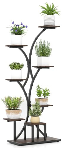 RELAX4LIFE Pflanzenständer mit Wachstumslichtern, 8-stöckiges Pflanzenregal aus Metal, Blumenständer Indoor Holz, Modernes Blumenregal für Wohnzimmer & Balkon, 67 x 30 x 146 cm