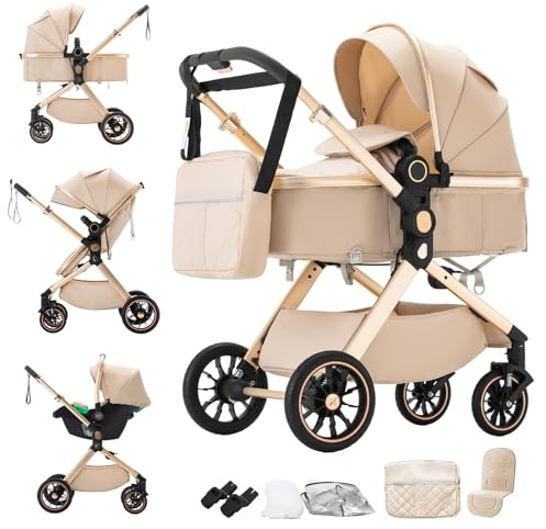 Shineey Kinderwagen 3 in 1,Puppenwagen Mit Babyschale Höhenverstellbarer Buggy Komplettset,KombiKinderwagen Mit Aluminiumrahmen für Neugeborene 0 bis 4 Jahre,0-22KG (U9-X/BEIGE, U9-X)