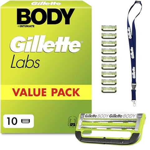 Gillette Labs Body + Intimate Lames de Rasoir Homme x 10, Tour De Cou | Cartouches pour Rasage de la Zone Intime, du Corps, Tête à 2 Lames Très Espacées, Barre Anti-Poils Incarnés et Irritation