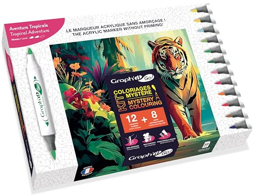 Graph'it Go - Kit Coloriage Mystère 12 marqueurs acryliques sans amorçage, double pointe pinceau et fine + 8 cartes A4 de coloriage mystère à colorier - Set Aventure Tropicale