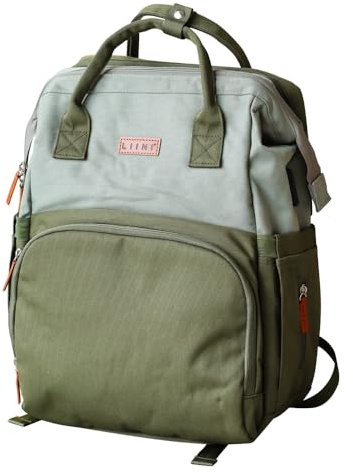 LIINI Changing Backpack Olive rPET - 29L Changing Bag Backpack Made from Recycled PET Bottles, Water Compartments for Wet Clothes, Insulated Bottle Compartments, Includes Changing Mat & Pram Hook