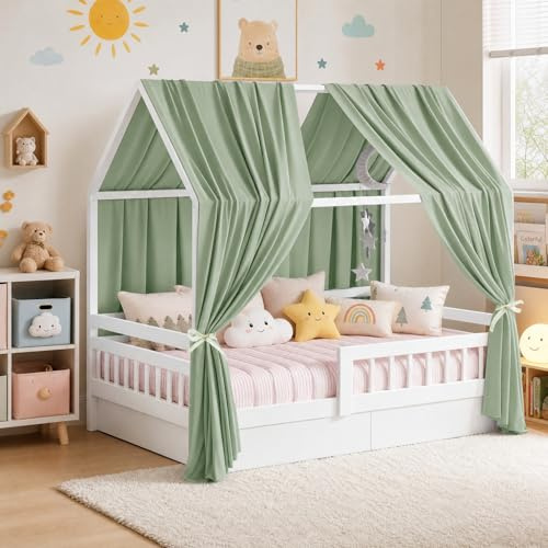 Bcuuozeeing Hussänghimmel, 2 stycken sänghimmel babysäng, tyghimmel för hemmasängar flickor, baldakin, handgjord hussäng, dekoration med tyggardin, sänghimmel (ljusgrön, 350 x 135 cm, 2 stycken)