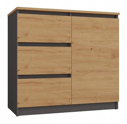CDF Kommode Sideboard 80 cm breit Schubladenkommode Schmal Wohnzimmer Flur | 2 Türen 3 Schubladen - Kommode Schlafzimmer Arbeitszimmer Stauraummöbel Schubladenschrank Haus Büro Eiche Artisan/Anthrazit