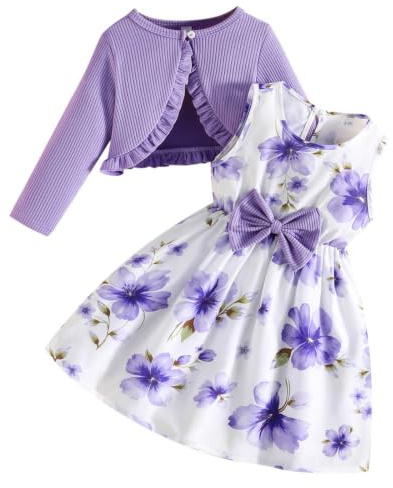 Yoolhamy Kleid und Strickjacke für kleine Mädchen Blumenmuster ärmelloses Kleid Rüschen-Strickjacke Baby-Outfit mit Langen Ärmeln für 2–8 Jahre