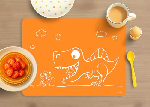 Dinomio Tischunterlage, Platzmatte für Kinder, Platzdeckchen Schule, Bastelmatte Dino orange - rutschfest, 40 x 30 cm