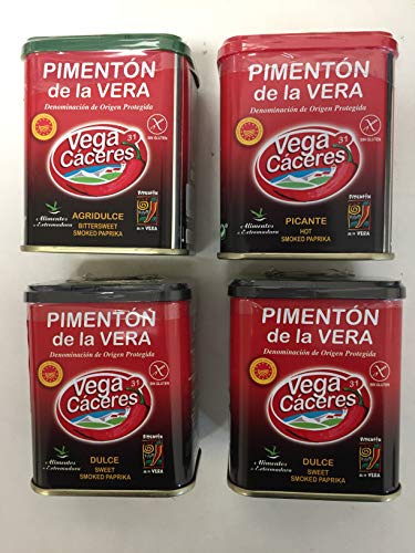 Pimentón ahumado de la Vera con tres sabores. Pack de 4 latas de pimentón de la Vera Ahumado, Agridulce, dulce y picante