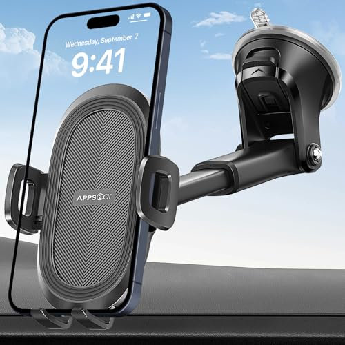 APPS2Car Support de téléphone à Ventouse Universel pour Pare-Brise/Tableau de Bord/fenêtre avec Coussinet en Gel Collant Puissant, Compatible avec iPhone, Samsung et Autres Smartphones…