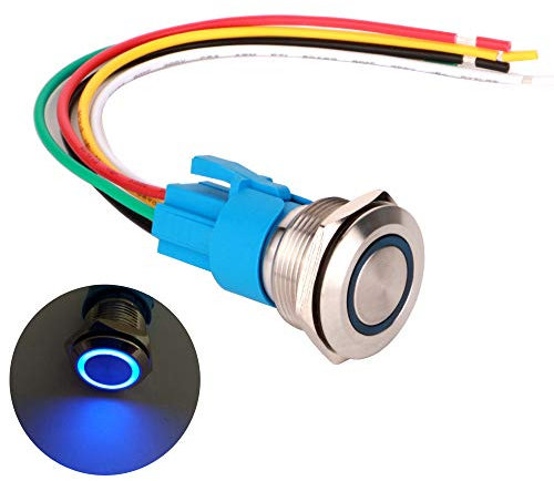 Gebildet 22mm Momentáneo Pulsador de Botón Acero Inoxidable, Impermeable ON/Off 230V AC 5A LED 1NO1NC SPDT Pulsador con Enchufe de Cable(LED Azul)