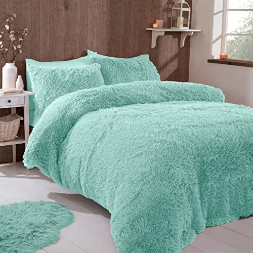 FAUX FUR SHAGGY Long Pile Face, Soft Touch Plush Fleece Reverse, Duvet Cover Set with Pillow Case Thermal Fluffy Winter Warm Cozy Cuddly Bedding Bed Set (Duck Egg Green Blue, Single)
