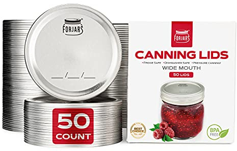 Wide Mouth Canning Lids, 50-Pack – Create Airtight Seals on Mason Jars to Preserve Food for Meal Prep & Emergency Food Storage – 3.4 In. Metal Lids with Silicone Seals – Canning Supplies by FORJARS