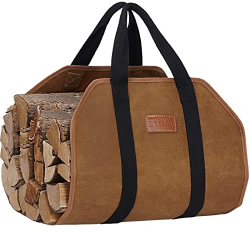 Waxed Canvas Firewood Log Carrier, Heavy Duty Sturdy Large Log Tote Bag for Fire Wood, Firepit Outdoor Camping, BBQ, Fireplace, Wood Stove Accessories,Brown