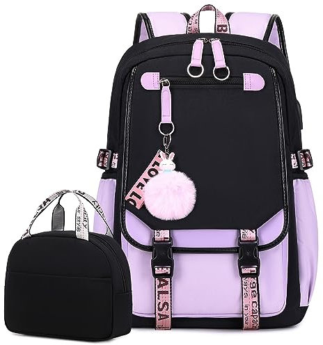 Bevalsa Schulrucksack Mädchen Teenager Schulranzen mit Schultaschen Set, Freizeit Rucksack Groß 20L Wasserdicht School Bag Backpack Casual Daypacks für Kinder Damen (Violett)