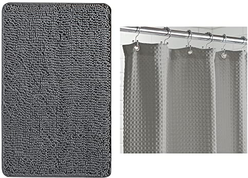 Gorilla Grip Chenille Bath and Waffle Shower Curtain, Bathroom Size 60x17, Machine Washable, Waffle Shower Curtain Size 72x72, Thick Weighted Fabric, Both in Gray, 2 Item Bundle