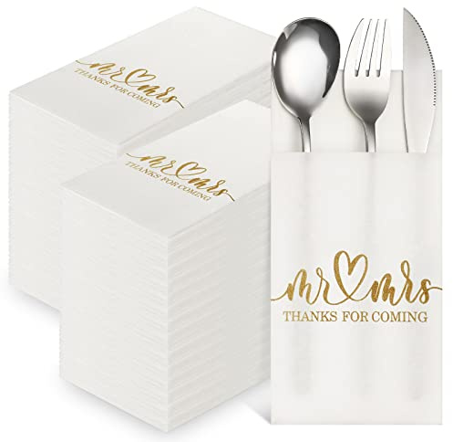 Panelee 100 Pcs Wedding Napkins with Built-in Flatware Pocket Mr and Mrs Personalized Napkins Linen Feel Disposable Dinner Supplies for Wedding Reception Bridal Shower Party Decor(Gold)