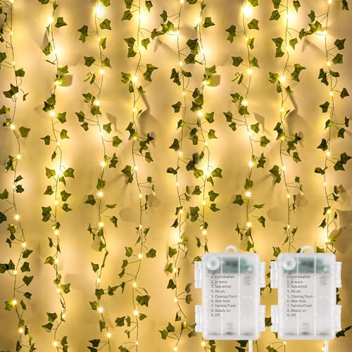 GuKKK 2 Pieza Luces de Hadas LED de Hiedra Artificial, 10M Guirnalda Vines con 100 Luces LED, Cadena de Luz con Hojas, Hiedra Artificial, para Jardín, Patio, Escalera, Interior y Exterior Decoración