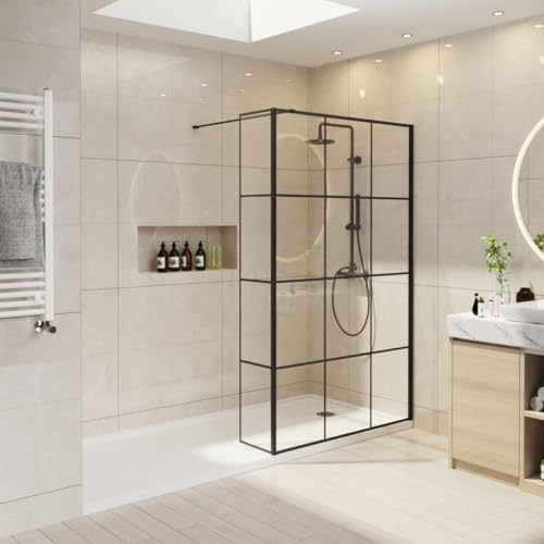 NRG 1000mm Reversible Wetroom Screen with 300mm Return Panel, 8mm Glass | Walk-In Wetroom Fit, Tall 1950mm, 180° Return Panel, Reversible Entry, Support Bar, Black Grid Screen