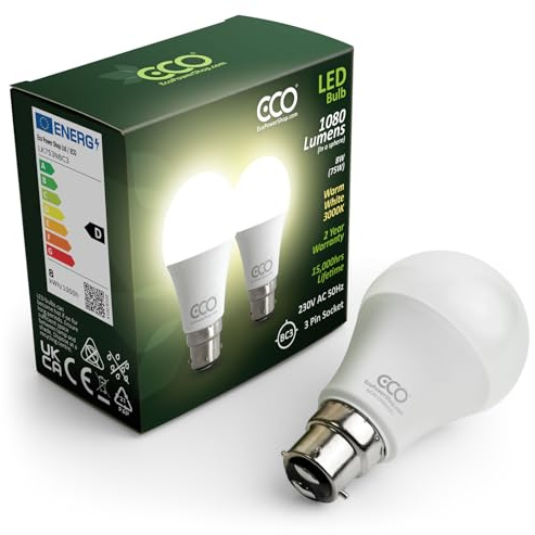 ECO Ampoule LED BC3 à 3 broches à économie d'énergie, équivalent à 75 W, blanc chaud 3000 K, intensité non variable, durée de vie de 15 000 heures.